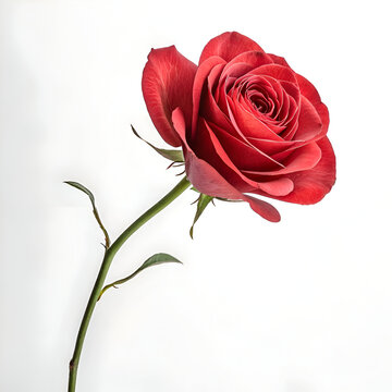 A single red rose with a long green stem and small leaves against a white background studio shot
