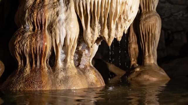 Water Droplet Dynamics: Highlighting the subtle, continuous process of water seeping through rock, forming glistening drips that contribute to stalactite growth.