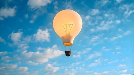 Naklejka premium Hot air balloon shaped like a lightbulb flying in the sky