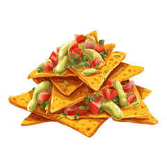 A pile of tortilla chips with salsa and guacamole on top