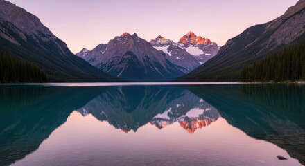 Majestic mountain reflection on tranquil lake at sunset