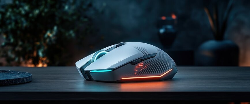 Modern white gaming mouse with vibrant lighting on a wooden surface