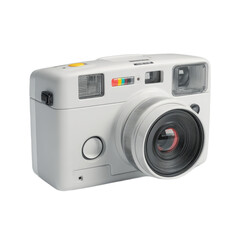 A white camera with a yellow button