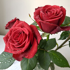 Close up of three red roses with water droplets on petals and green leaves against white background