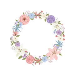 Beautiful floral wreath composed of various flowers and ribbons in pastel colors