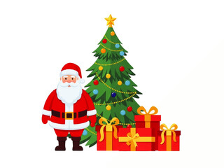 Cartoon illustration of Santa Claus standing next to a decorated Christmas tree with presents underneath, set against a white background.