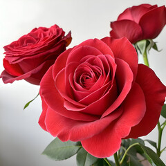 A close up shot of three vibrant red roses in full bloom against a soft neutral background tone