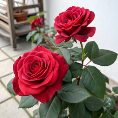Close up of two vibrant red roses in full bloom with green leaves against a neutral backdrop outdoors