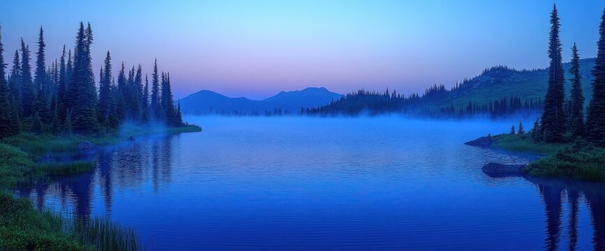 Tranquil mountain lake at dawn, bathed in a cool blue light. Misty morning on a serene alpine lake surrounded by dark evergreens and distant mountains - Powered by Adobe