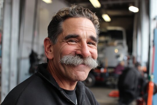 Friendly Auto Repair Technician with Mustache Posing in Garage