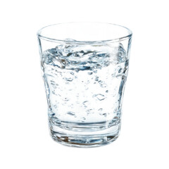 A glass of water is sitting on a white background