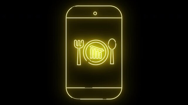 A glowing neon icon on a black backdrop shows a phone with a plate fork spoon and a falling chart inside the plate
