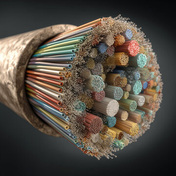 High-Detail Realistic Photo of Fiber Optic Cable Cross Section Showing Colorful Internal Glass Fibers