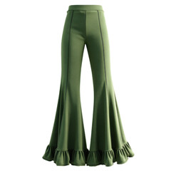 A pair of green pants with ruffles