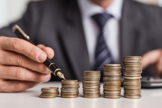 Investment Concept: Professional Man Ready to Write and Holding Coins