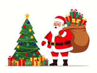 Santa Claus carrying a large sack full of colorful Christmas gifts stands beside a decorated Christmas tree with presents underneath.