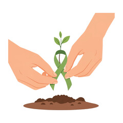 Green ribbon and seedling growth symbolizing environmental awareness and sustainability