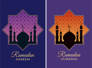 Set of vector Ramadan greeting cards featuring a mosque silhouette and geometric patterns. Ramadan Kareem, Ramadan Mubarak.