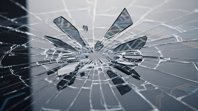 Dramatic close-up of broken glass with radial cracks and scattered shards, revealing sharp details and dynamic shatter effects on the transparent surface