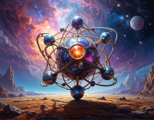 A surreal celestial structure, combining spheres and interconnected lines against a cosmic backdrop of nebulae, planets, and a desolate landscape
