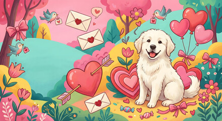 Cute Whimsical Great Pyrenees Dog Valentine Illustration With Hearts and Gifts