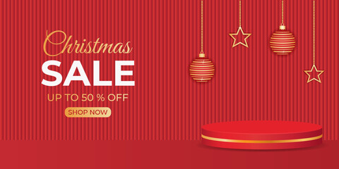 Christmas sale with hanging decorations and a red podium. Vector illustration.