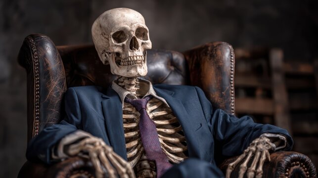 Skeleton in Business Suit Sits in Office Chair
