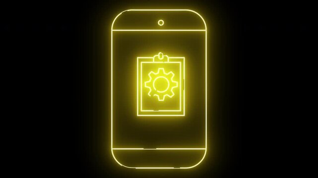 A glowing yellow outline of a phone displaying a gear icon on a notepad