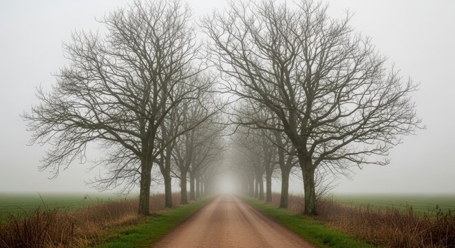 Misty pathway through leafless trees on a foggy day - Powered by Adobe