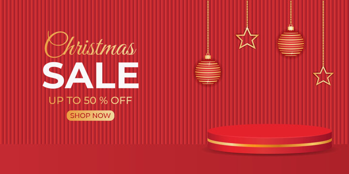 Christmas sale with hanging decorations and a red podium. Vector illustration.