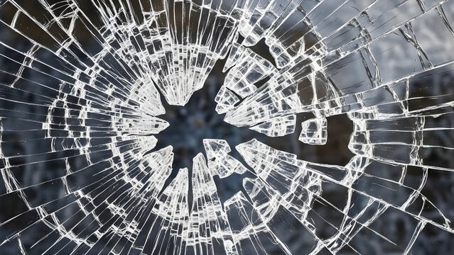 Detailed view of cracked glass with a circular crack pattern that resembles shards caused by a strong impact, highlighting the complex, high-contrast texture of the shards