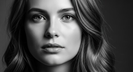 Fototapeta premium Portrait of young caucasian female with wavy hair in black and white photograph