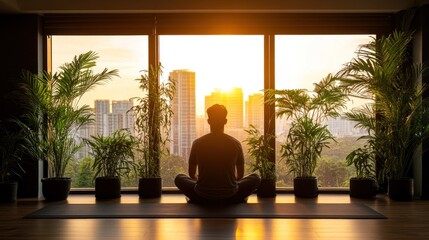 Silhouette of a man meditating at sunrise, overlooking a cityscape. Lush greenery surrounds a large window