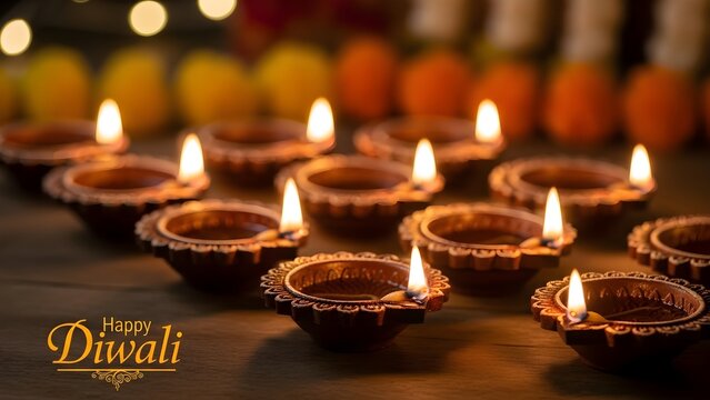 Rows of clay diya lamps glow with warm yellow light, a bokeh backdrop and festive decorations, creating a warm atmosphere typical of Diwali celebrations.
