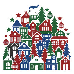 Graphic Illustration of a Festive Winter Holiday Village.