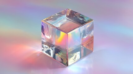Iridescent frosted cube floating against gradient holographic background crystal-like surfaces dispersing subtle rainbow tones perfectly symmetrical composition with