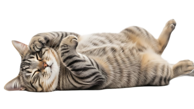 A tabby cat lying on its back with its paws near its face in a relaxed and peaceful position indoor