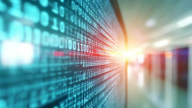 Digital Data Stream: A captivating display of binary code pulses with the energy of digital information. The vibrant arrangement evokes a sense of technological advancement.