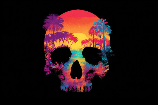 A vibrant skull silhouette filled with a tropical sunset scene and palm trees