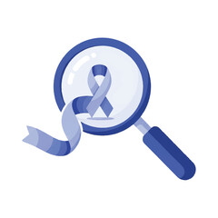 Magnifying glass over a blue awareness ribbon, symbolizing research and support for a cause