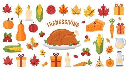 Fototapeta premium Collection of autumn food, leaf, and vegetable vector illustrations for fall season design elements