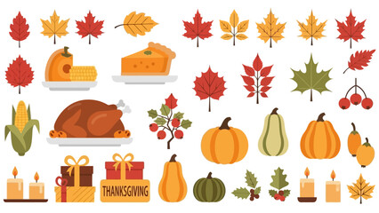 Fototapeta premium Autumn nature set illustration with orange pumpkins, fall leaves, and harvest vector design elements for Thanksgiving and Halloween