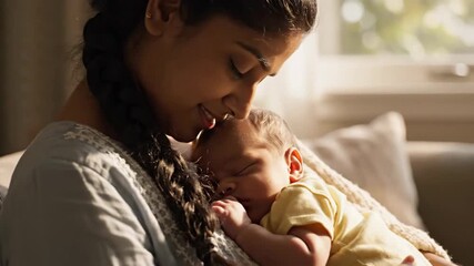 Parent holding newborn baby tenderly embrace indoors gentle light bonding moment family love
