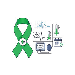Green ribbon with medical icons representing health and wellness awareness