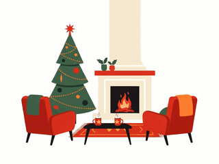 Cozy Christmas living room scene with a decorated tree, fireplace with burning logs, two armchairs, and a coffee table with mugs.
