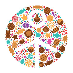 Peace symbol made of various candies and sweets.