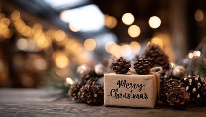 A warm and evocative Christmas scene featuring a single gift box wrapped in brown craft paper with the message "Merry Christmas" handwritten in a dark,