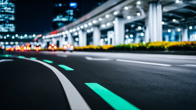 Modern urban road showing glowing green lines as a conceptual transportation grid, cars moving on multilane highway at night - Powered by Adobe