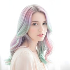 Young woman with pastel rainbow dyed hair looking at the camera