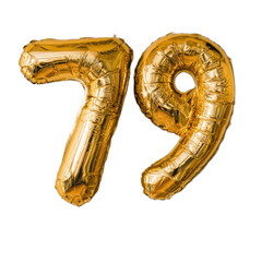 A large gold balloon with the number 79 on it